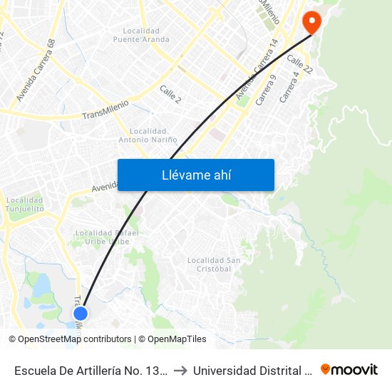 Escuela De Artillería No. 13 (Av. Caracas - Tv 5d) to Universidad Distrital Sede Macarena B map