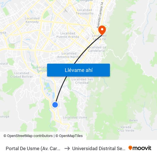 Portal De Usme (Av. Caracas - Cl 64 Sur) to Universidad Distrital Sede Macarena B map