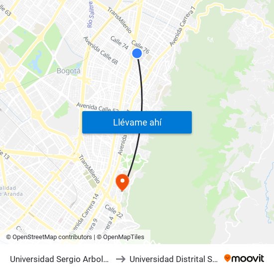 Universidad Sergio Arboleda (Cl 74 - Kr 13) to Universidad Distrital Sede Macarena B map