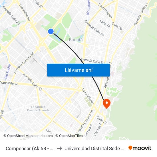 Compensar (Ak 68 - Cl 49) (D) to Universidad Distrital Sede Macarena B map