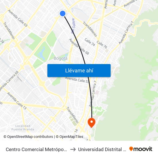Centro Comercial Metrópolis (Ak 68 - Cl 76a) (C) to Universidad Distrital Sede Macarena B map