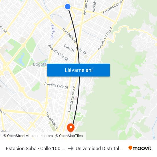 Estación Suba - Calle 100 (Ac 100 - Kr 62) (C) to Universidad Distrital Sede Macarena B map
