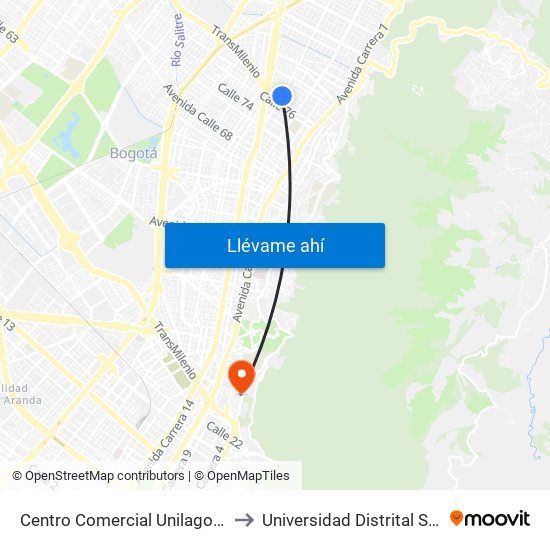 Centro Comercial Unilago (Ak 15 - Cl 77) (B) to Universidad Distrital Sede Macarena B map