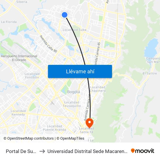 Portal De Suba to Universidad Distrital Sede Macarena B map