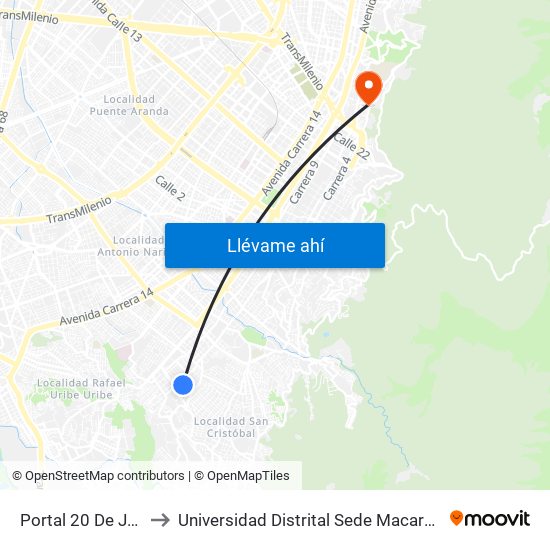 Portal 20 De Julio to Universidad Distrital Sede Macarena B map