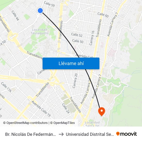 Br. Nicolás De Federmán (Ak 50 - Cl 57b) to Universidad Distrital Sede Macarena B map