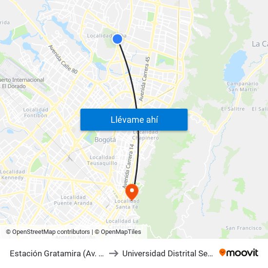 Estación Gratamira (Av. Suba - Cl 132a) to Universidad Distrital Sede Macarena B map