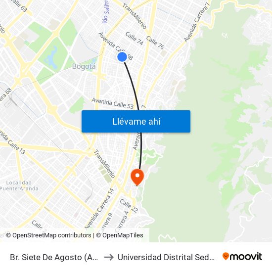 Br. Siete De Agosto (Ak 24 - Cl 66) to Universidad Distrital Sede Macarena B map