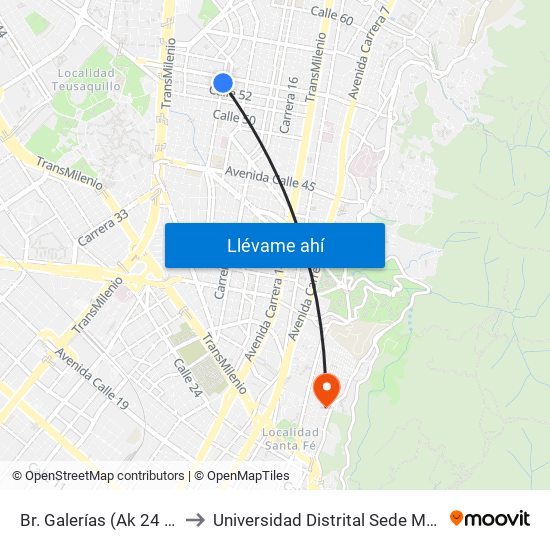 Br. Galerías (Ak 24 - Cl 52) to Universidad Distrital Sede Macarena B map