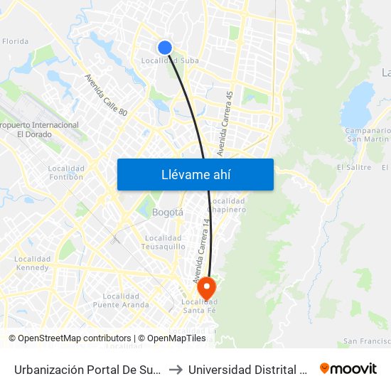 Urbanización Portal De Suba (Cl 137 - Kr 90a) to Universidad Distrital Sede Macarena B map