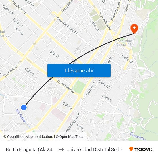 Br. La Fragüita (Ak 24 - Cl 7 Sur) to Universidad Distrital Sede Macarena B map