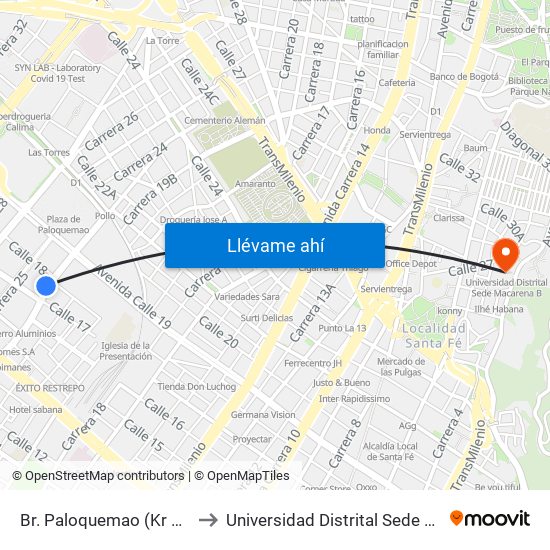 Br. Paloquemao (Kr 22 - Cl 18) to Universidad Distrital Sede Macarena B map