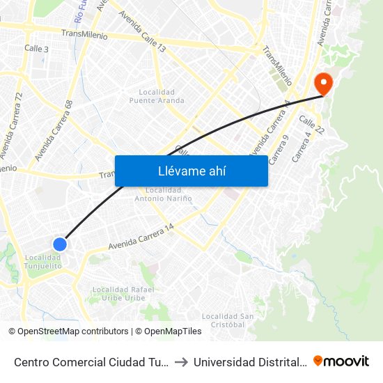 Centro Comercial Ciudad Tunal (Ak 24a - Cl 48b Sur) to Universidad Distrital Sede Macarena B map