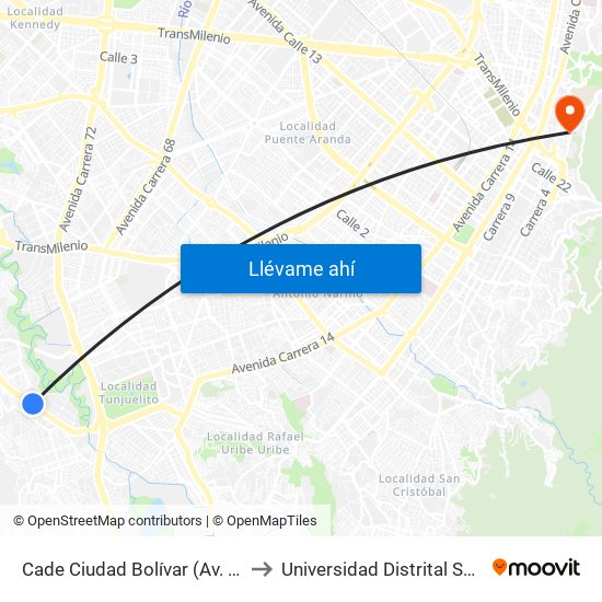 Cade Ciudad Bolívar (Av. V/cio - Tv 34) (B) to Universidad Distrital Sede Macarena B map