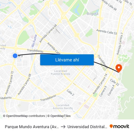 Parque Mundo Aventura (Av. Boyacá - Cl 2a Bis) (A) to Universidad Distrital Sede Macarena B map
