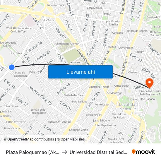 Plaza Paloquemao (Ak 27 - Ac 19) to Universidad Distrital Sede Macarena B map