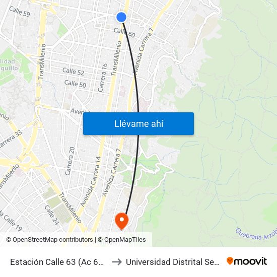 Estación Calle 63 (Ac 63 - Av. Caracas) to Universidad Distrital Sede Macarena B map