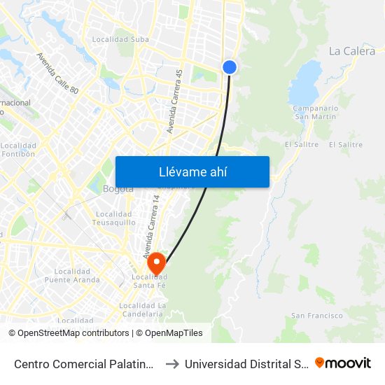 Centro Comercial Palatino (Ak 7 - Cl 140) (A) to Universidad Distrital Sede Macarena B map