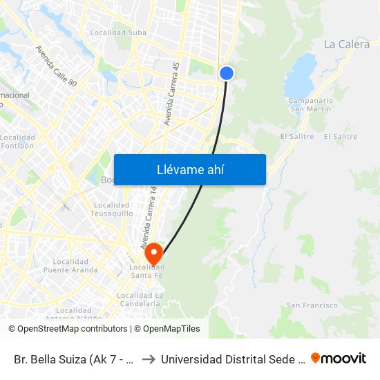 Br. Bella Suiza (Ak 7 - Cl 129) (A) to Universidad Distrital Sede Macarena B map