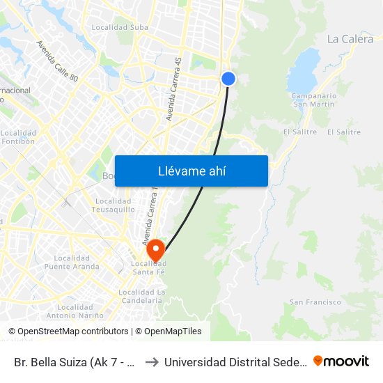 Br. Bella Suiza (Ak 7 - Cl 127a) (A) to Universidad Distrital Sede Macarena B map