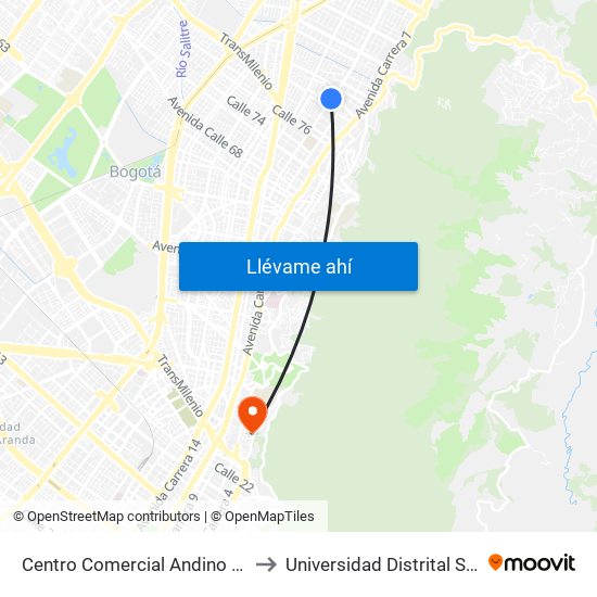 Centro Comercial Andino (Ak 11 - Ac 82) (A) to Universidad Distrital Sede Macarena B map