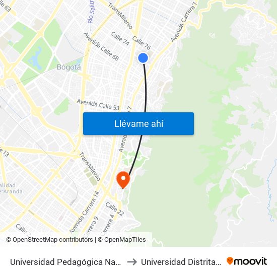 Universidad Pedagógica Nacional (Ak 11 - Ac 72) (A) to Universidad Distrital Sede Macarena B map