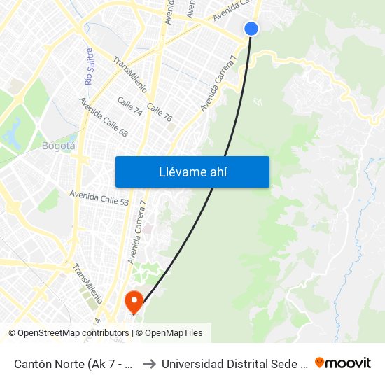 Cantón Norte (Ak 7 - Cl 104) (A) to Universidad Distrital Sede Macarena B map