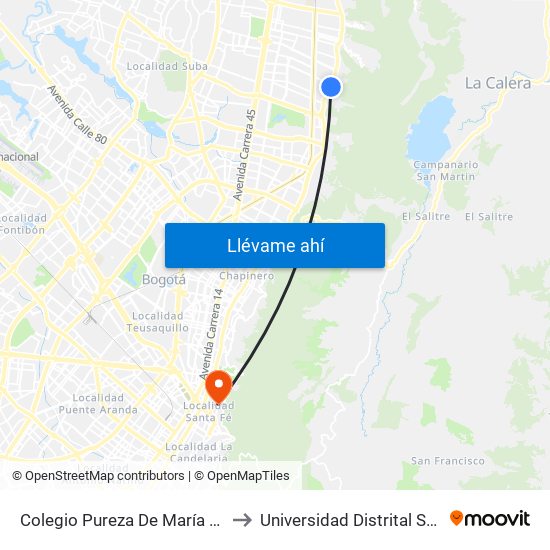 Colegio Pureza De María (Ak 7 - Cl 147) (A) to Universidad Distrital Sede Macarena B map