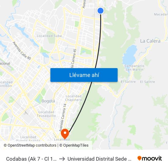 Codabas (Ak 7 - Cl 181a) (A) to Universidad Distrital Sede Macarena B map