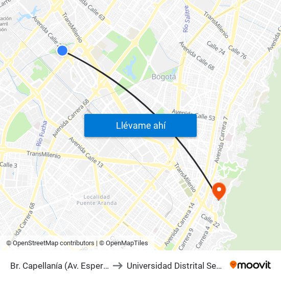 Br. Capellanía (Av. Esperanza - Kr 72b) to Universidad Distrital Sede Macarena B map