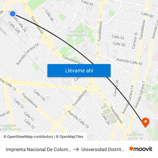 Imprenta Nacional De Colombia (Av. Esperanza - Kr 65) to Universidad Distrital Sede Macarena B map