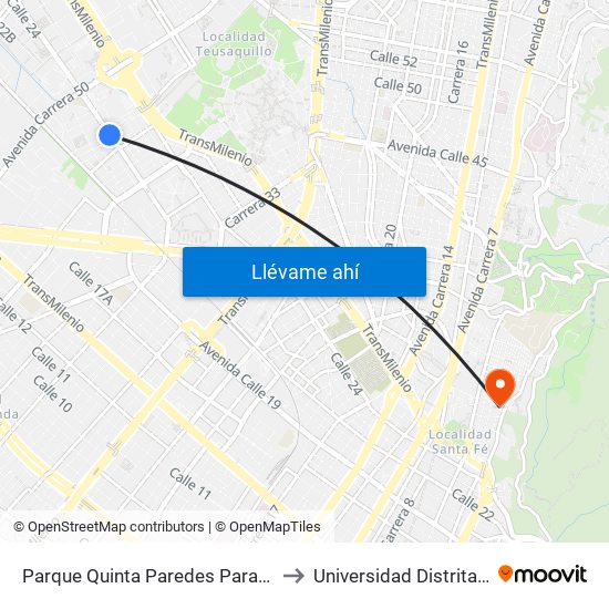 Parque Quinta Paredes Paraíso (Av. Esperanza - Kr 44) to Universidad Distrital Sede Macarena B map