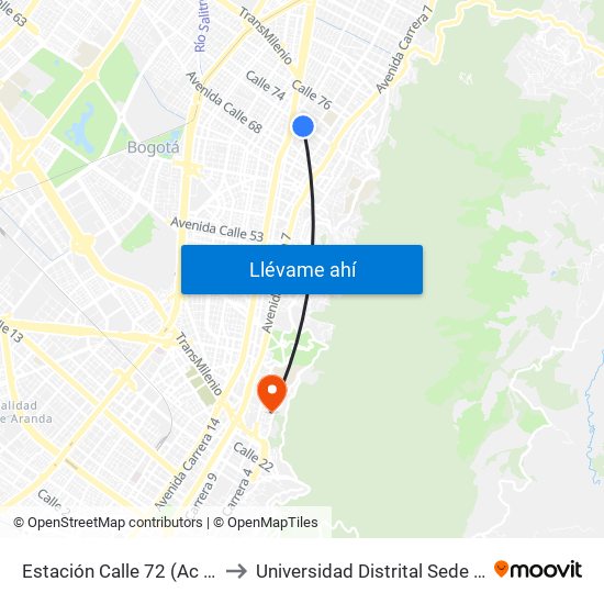 Estación Calle 72 (Ac 72 - Kr 13) to Universidad Distrital Sede Macarena B map