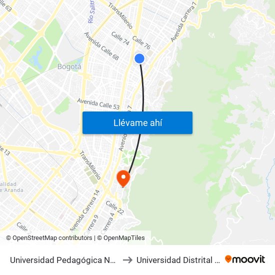 Universidad Pedagógica Nacional (Ac 72 - Ak 11) to Universidad Distrital Sede Macarena B map