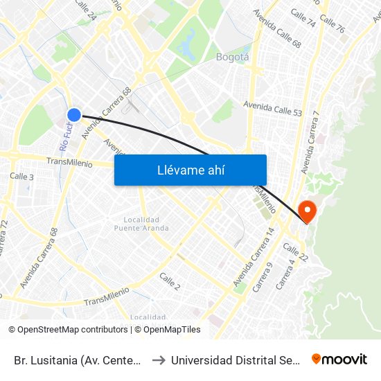 Br. Lusitania (Av. Centenario - Ak 68d) to Universidad Distrital Sede Macarena B map