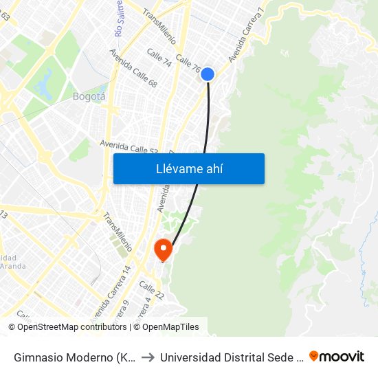 Gimnasio Moderno (Kr 9 - Cl 76) to Universidad Distrital Sede Macarena B map