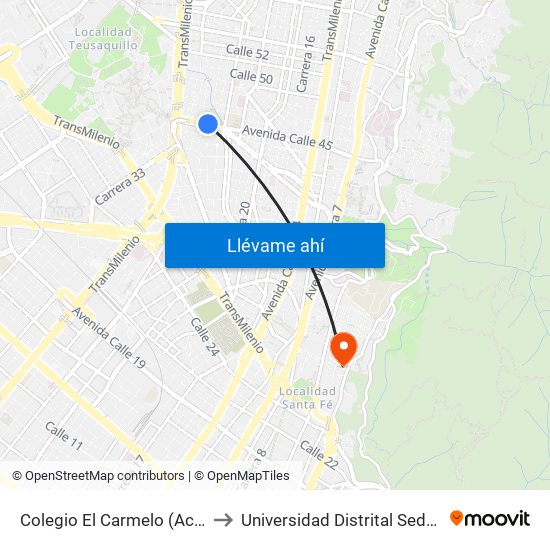 Colegio El Carmelo (Ac 45 - Kr 25a) to Universidad Distrital Sede Macarena B map