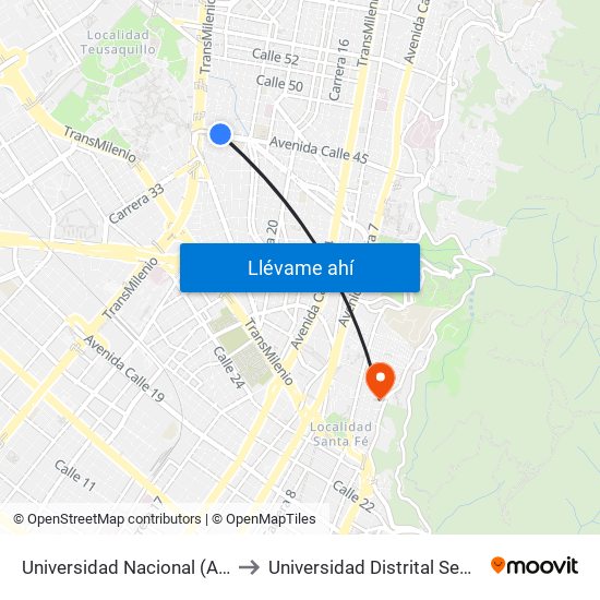 Universidad Nacional (Ac 45 - Kr 27a) to Universidad Distrital Sede Macarena B map