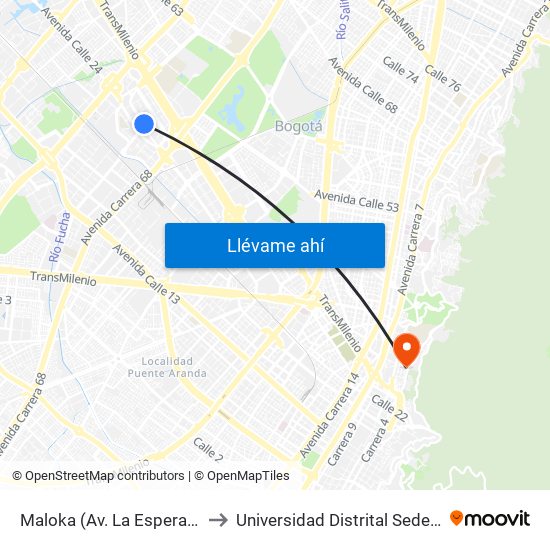 Maloka (Av. La Esperanza - Kr 69) to Universidad Distrital Sede Macarena B map