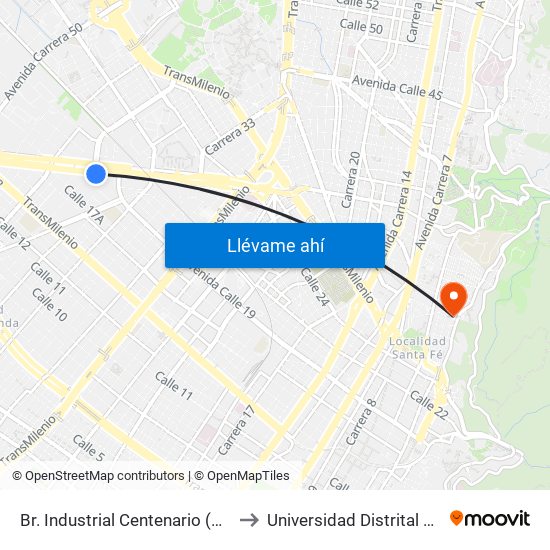 Br. Industrial Centenario (Av. Américas - Tv 39) to Universidad Distrital Sede Macarena B map