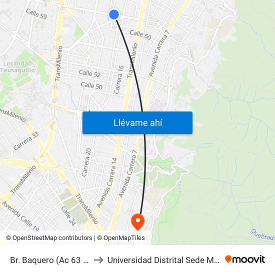 Br. Baquero (Ac 63 - Kr 19) to Universidad Distrital Sede Macarena B map