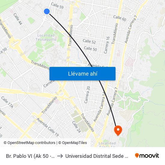 Br. Pablo VI (Ak 50 - Cl 57d) to Universidad Distrital Sede Macarena B map