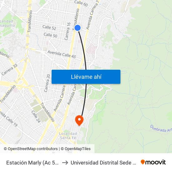 Estación Marly (Ac 53 - Ak 13) to Universidad Distrital Sede Macarena B map
