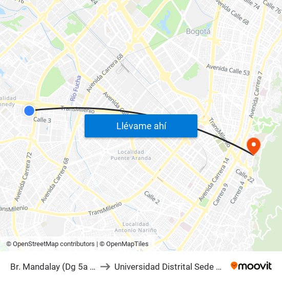 Br. Mandalay (Dg 5a - Kr 72a) to Universidad Distrital Sede Macarena B map