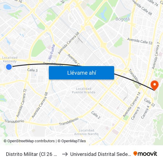 Distrito Militar (Cl 26 Sur - Kr 78h) to Universidad Distrital Sede Macarena B map