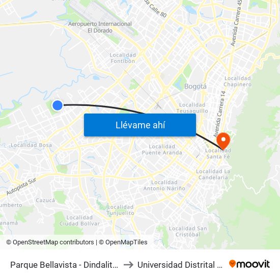 Parque Bellavista - Dindalito (Kr 95 - Cl 42b Sur) to Universidad Distrital Sede Macarena B map