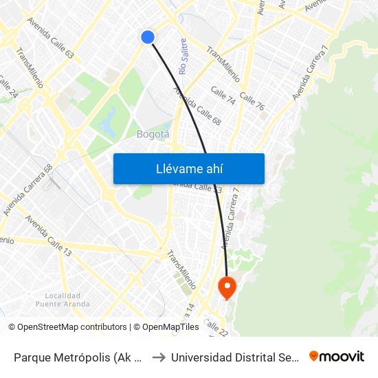 Parque Metrópolis (Ak 68 - Cl 74a) (A) to Universidad Distrital Sede Macarena B map