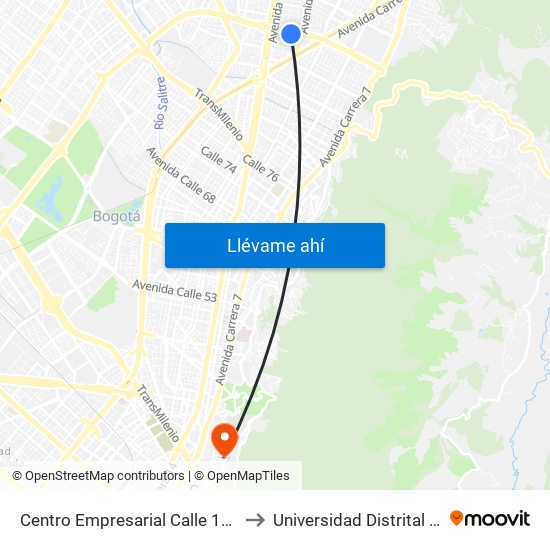 Centro Empresarial Calle 100 (Ac 100 - Tv 21) (C) to Universidad Distrital Sede Macarena B map