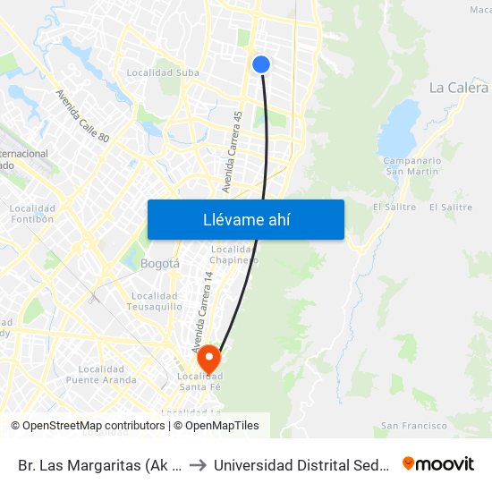 Br. Las Margaritas (Ak 19 - Cl 150) to Universidad Distrital Sede Macarena B map