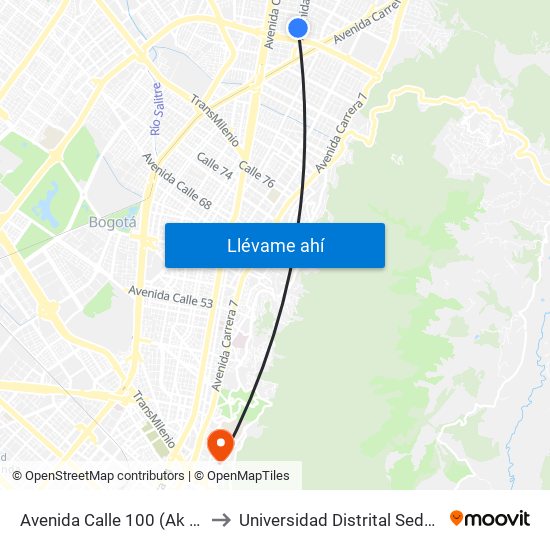 Avenida Calle 100 (Ak 19 - Ac 100) to Universidad Distrital Sede Macarena B map